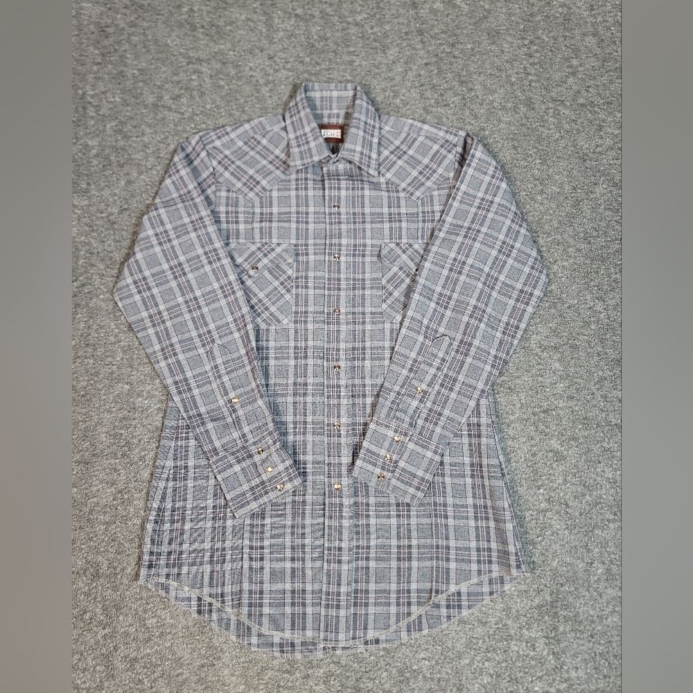 Vtg Fenton Western Snap Down Shirt Mens Size M Grey Red Plaid Cowboy Long Sleeve